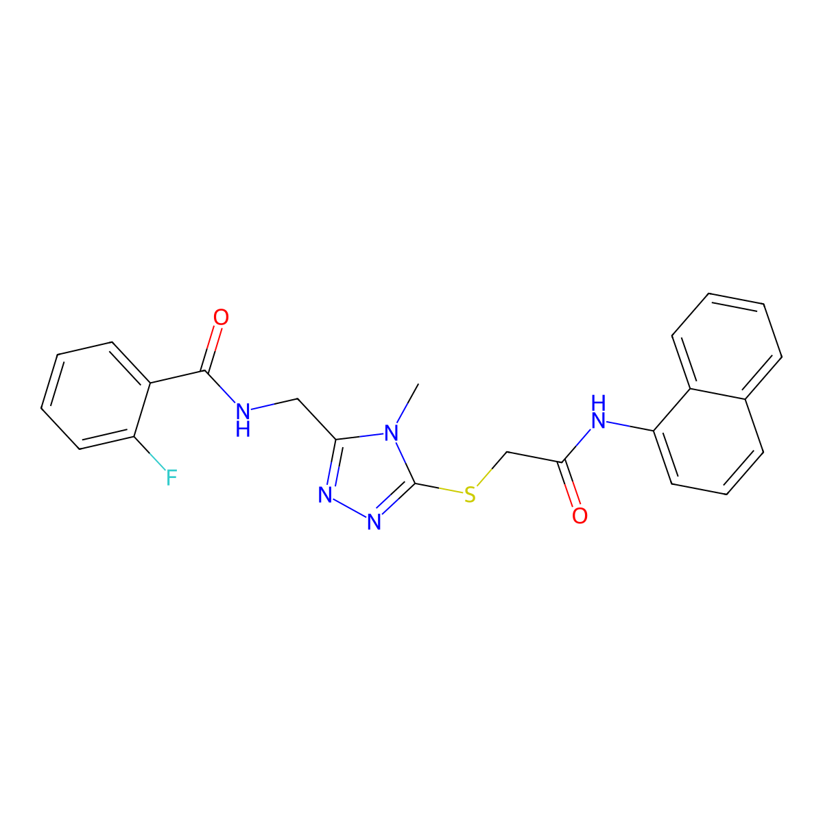 2-fluoro-N-[(4-methyl-5-{[2-(naphthalen-1-ylamino)-2-oxoethyl]sulfanyl}-4H-1,2,4-triazol-3-yl)methyl]benzamide molecular structure, CAS 667898-51-3