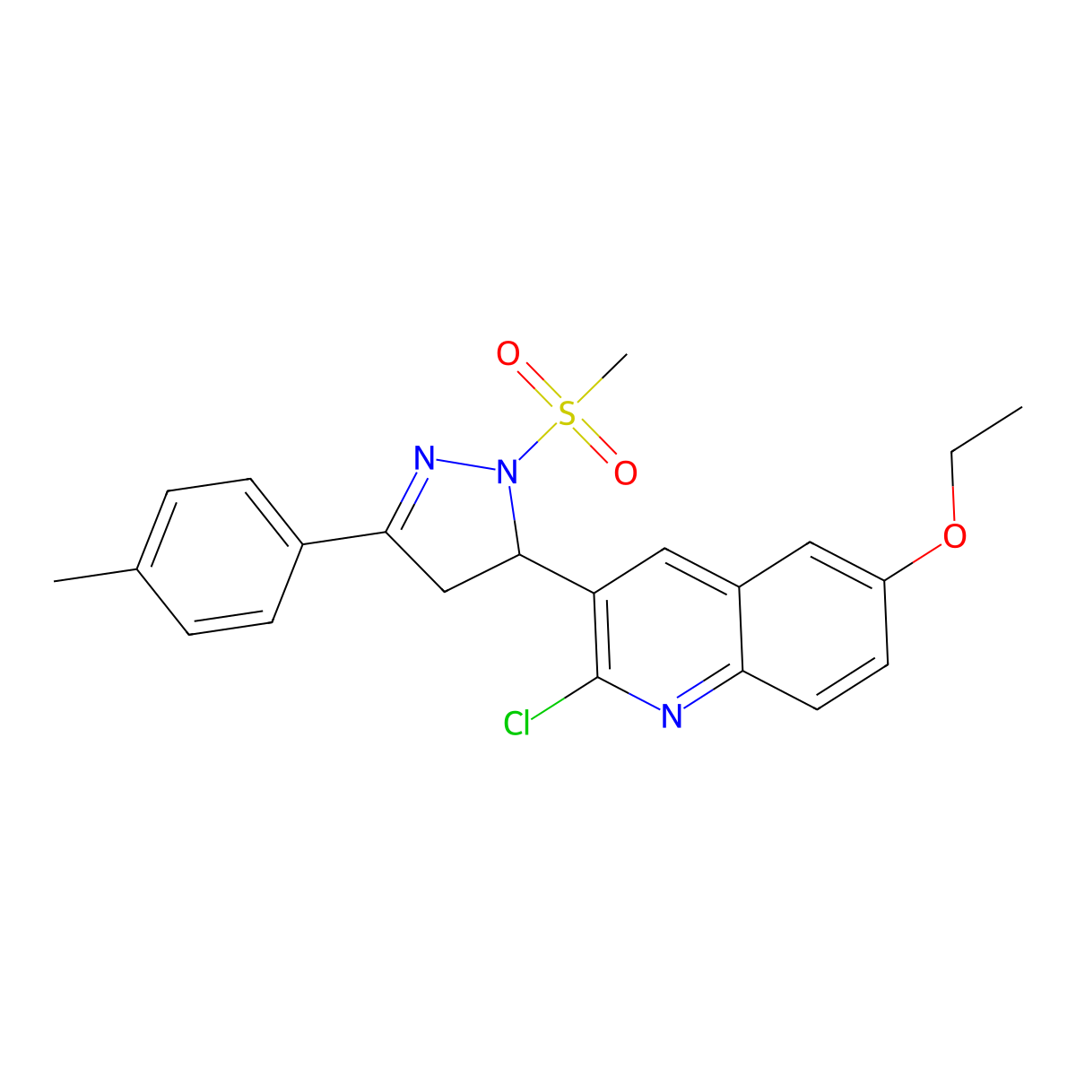2-chloro-6-ethoxy-3-(1-(methylsulfonyl)-3-(p-tolyl)-4,5-dihydro-1H-pyrazol-5-yl)quinoline molecular structure, CAS 667898-78-4