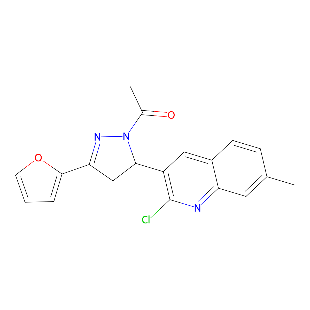 1-[3-(2-Chloro-7-methylquinolin-3-yl)-5-(furan-2-yl)-3,4-dihydropyrazol-2-yl]ethanone molecular structure, CAS 667898-80-8