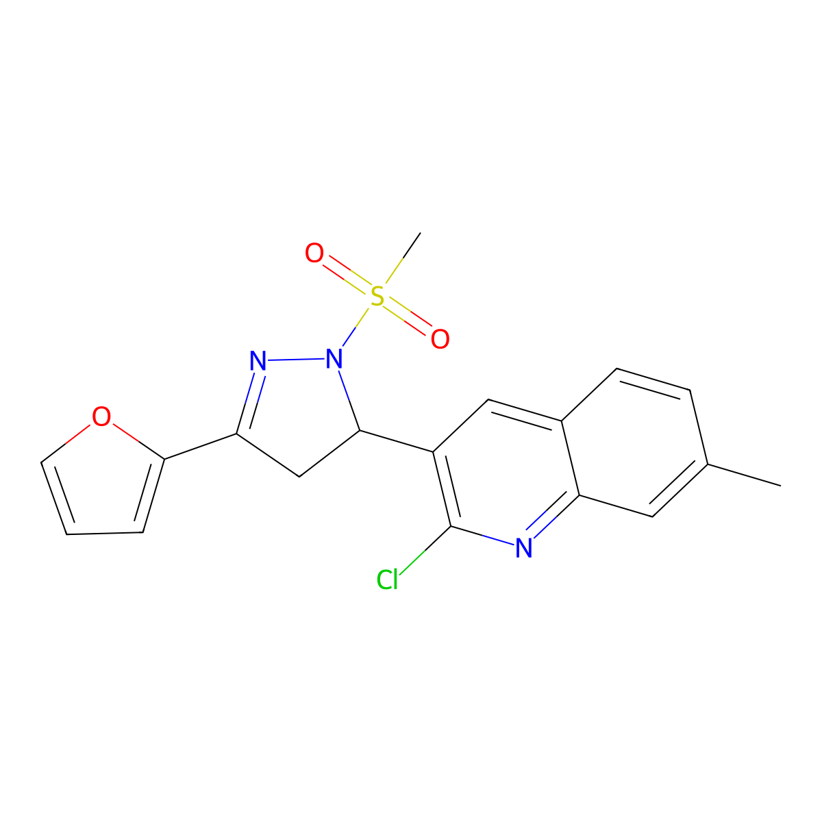 2-chloro-3-[3-(2-furyl)-1-(methylsulfonyl)-4,5-dihydro-1H-pyrazol-5-yl]-7-methylquinoline molecular structure, CAS 667898-81-9
