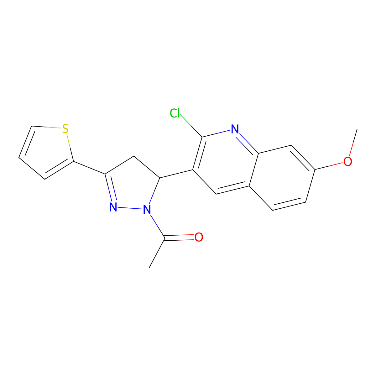 1-(5-(2-chloro-7-methoxyquinolin-3-yl)-3-(thiophen-2-yl)-4,5-dihydro-1H-pyrazol-1-yl)ethanone molecular structure, CAS 667898-82-0