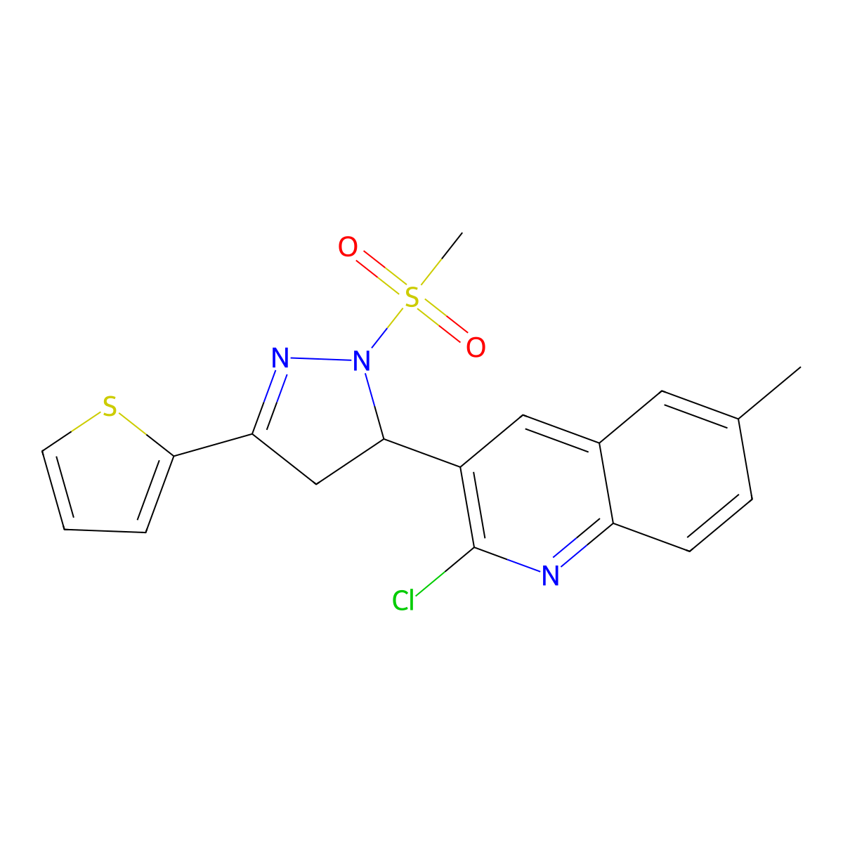 2-Chloro-6-methyl-3-(2-methylsulfonyl-5-thiophen-2-yl-3,4-dihydropyrazol-3-yl)quinoline molecular structure, CAS 667898-83-1