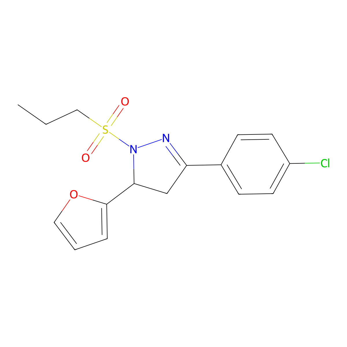 3-(4-chlorophenyl)-5-(2-furyl)-1-(propylsulfonyl)-4,5-dihydro-1H-pyrazole molecular structure, CAS 667898-84-2