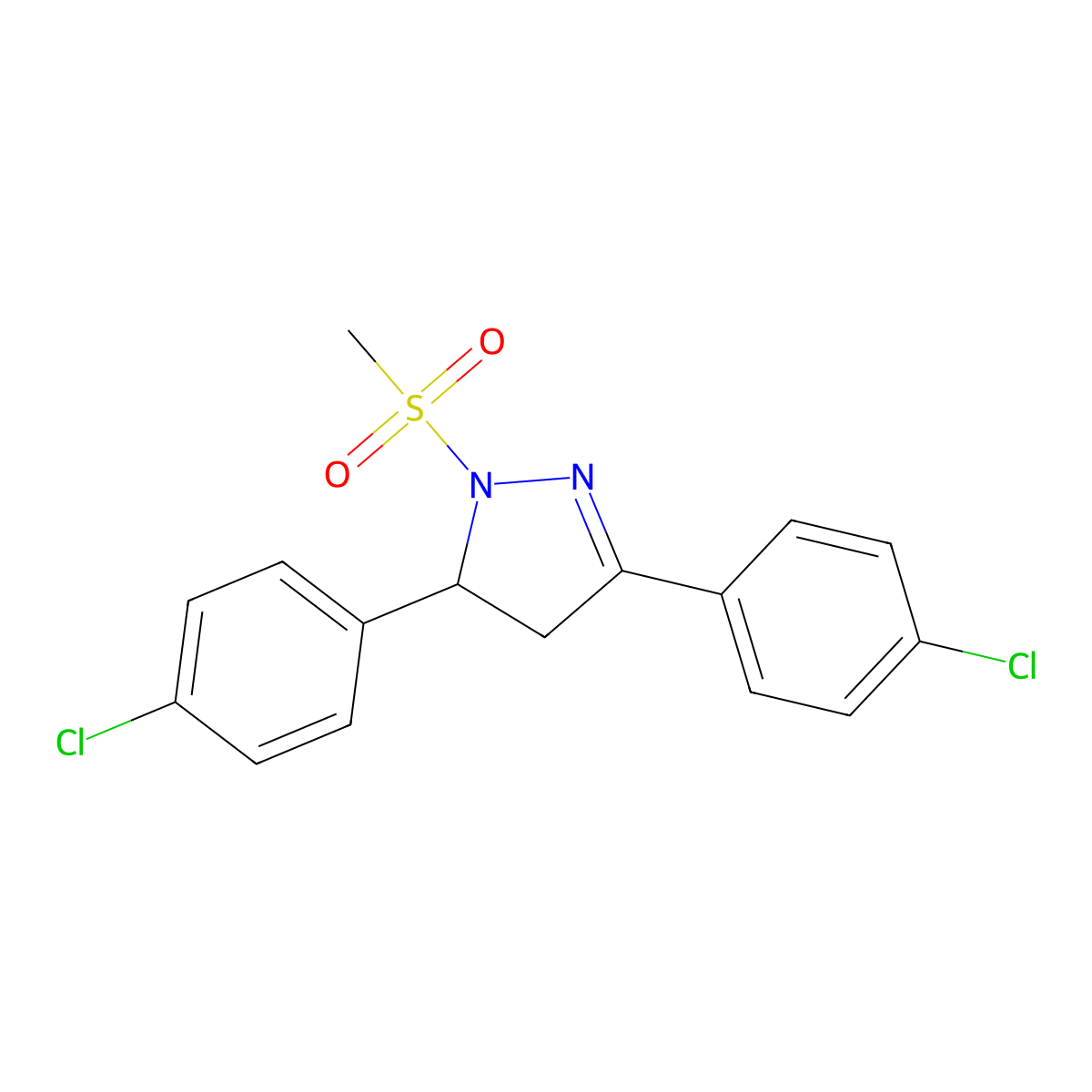 3,5-bis(4-chlorophenyl)-1-(methylsulfonyl)-4,5-dihydro-1H-pyrazole molecular structure, CAS 667898-87-5