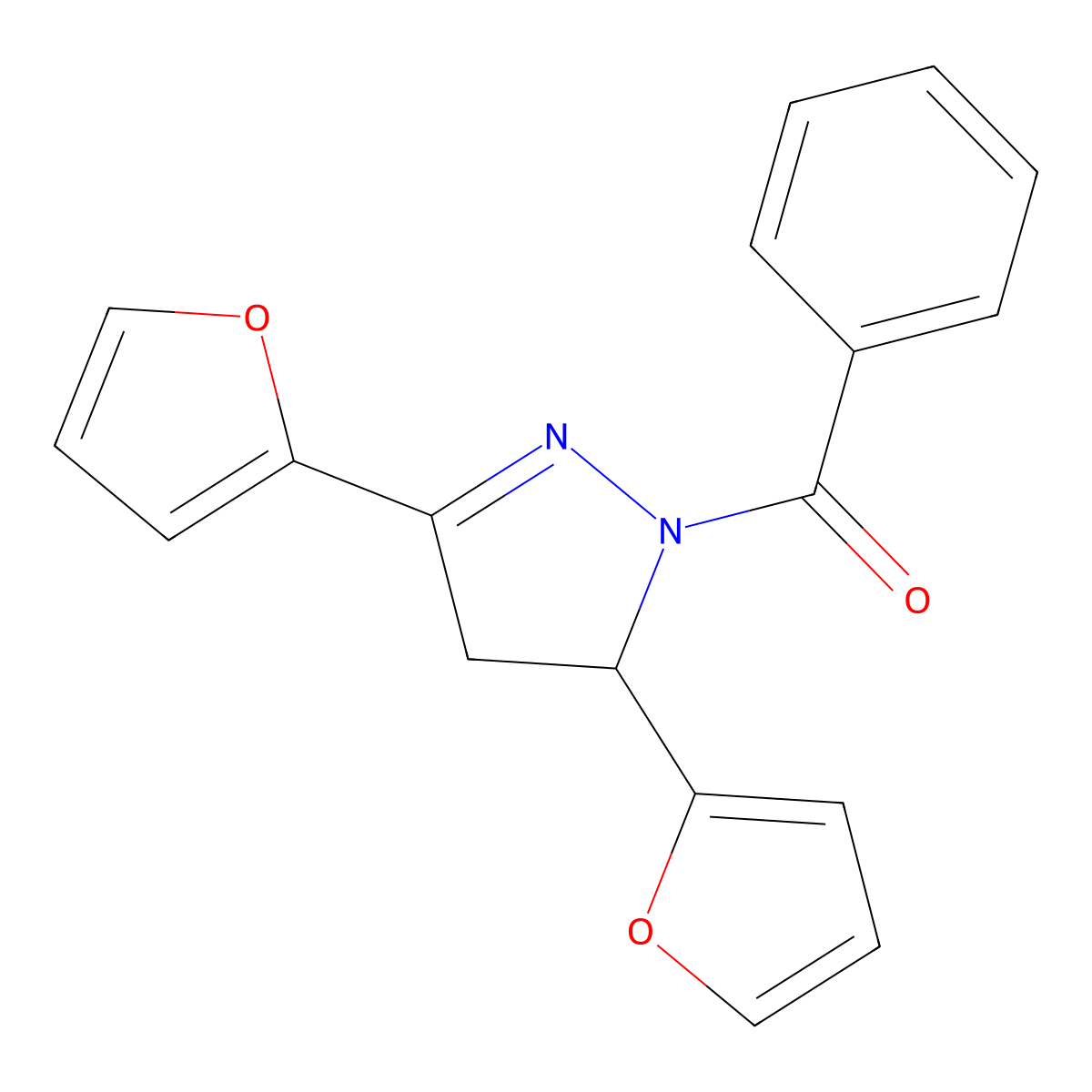 1-benzoyl-3,5-di(2-furyl)-4,5-dihydro-1H-pyrazole molecular structure, CAS 667898-88-6