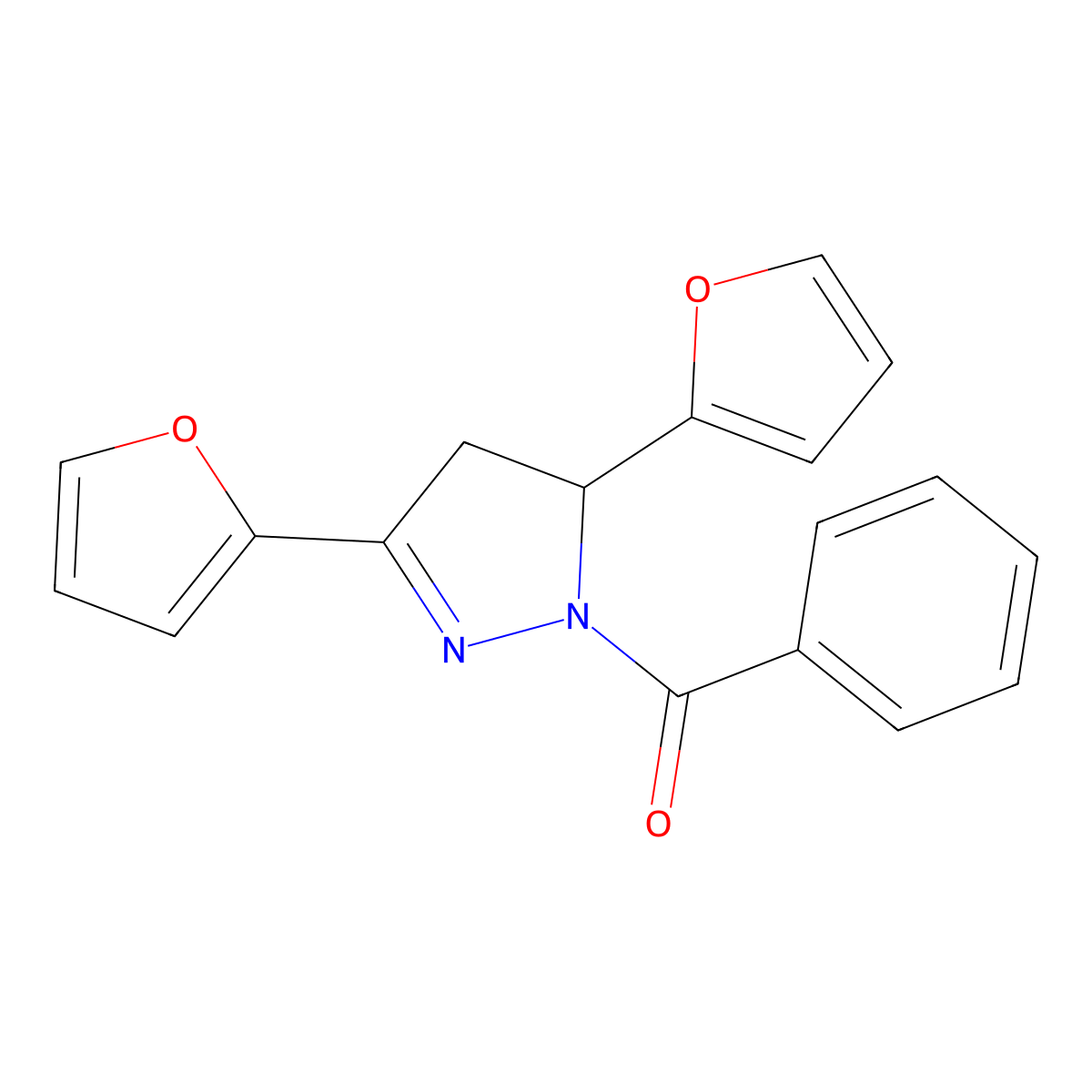 1-benzoyl-3,5-di(2-furyl)-4,5-dihydro-1H-pyrazole molecular structure, CAS 667898-88-6