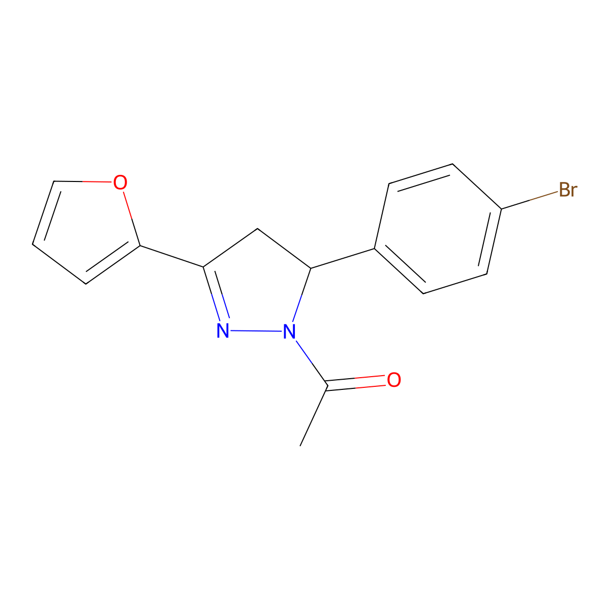 1-acetyl-5-(4-bromophenyl)-3-(2-furyl)-4,5-dihydro-1H-pyrazole molecular structure, CAS 667898-90-0