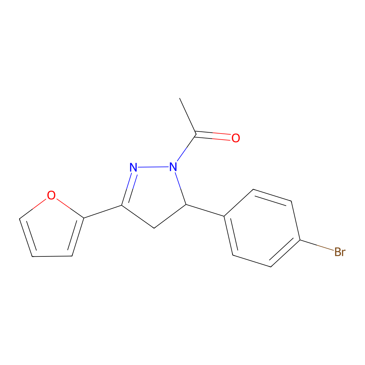 1-acetyl-5-(4-bromophenyl)-3-(2-furyl)-4,5-dihydro-1H-pyrazole molecular structure, CAS 667898-90-0