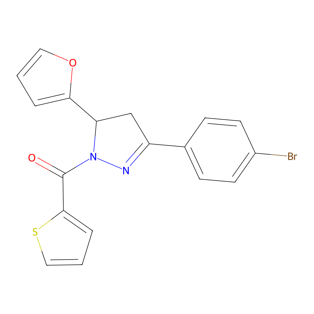 (3-(4-bromophenyl)-5-(furan-2-yl)-4,5-dihydro-1H-pyrazol-1-yl)(thiophen-2-yl)methanone molecular structure, CAS 667898-91-1