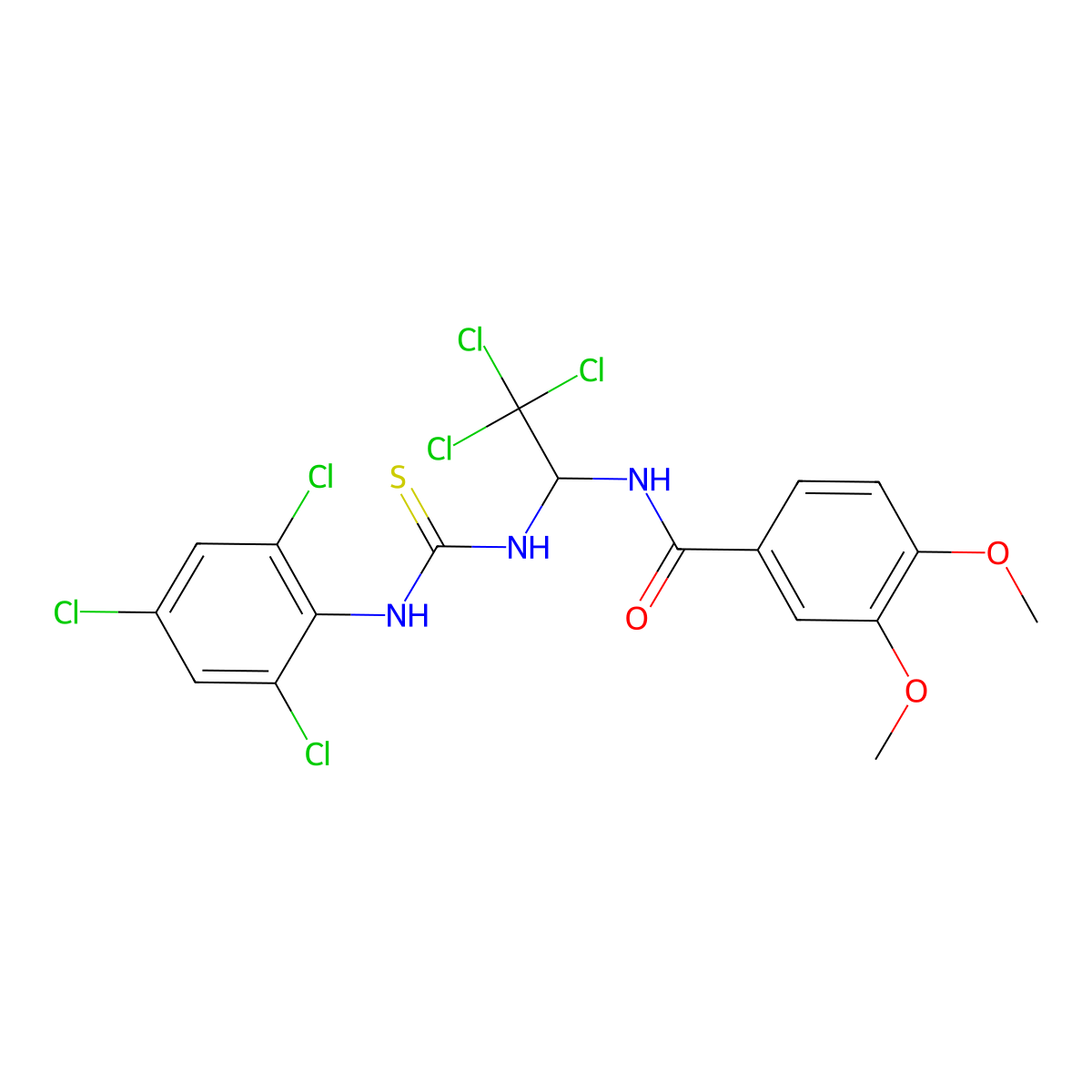 3,4-Dimethoxy-N-(2,2,2-trichloro-1-{[(2,4,6-trichlorophenyl)carbamothioyl]amino}ethyl)benzamide molecular structure, CAS 6679-10-3
