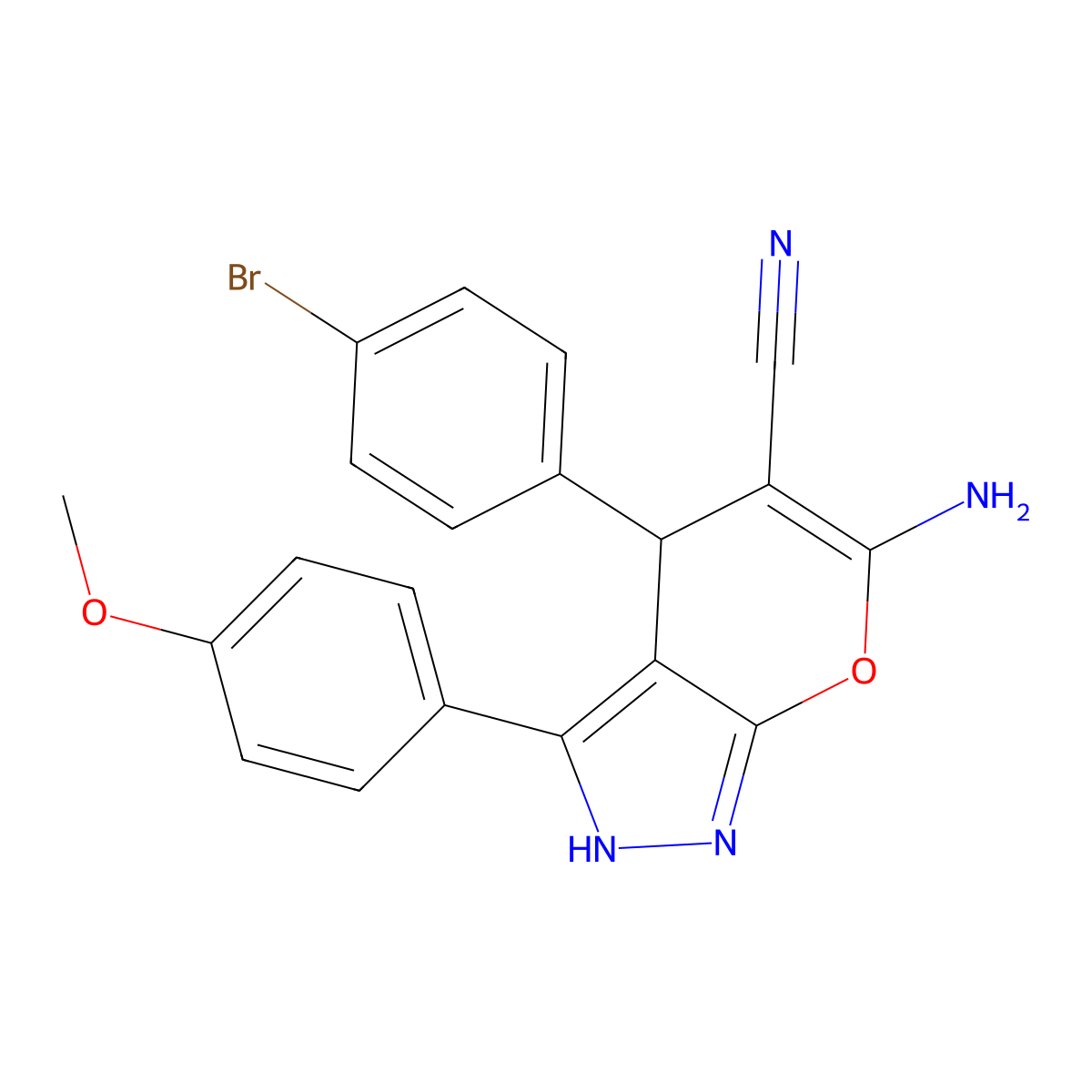 6-Amino-4-(4-bromophenyl)-3-(4-methoxyphenyl)-1,4-dihydropyrano[2,3-c]pyrazole-5-carbonitrile molecular structure, CAS 667904-01-0