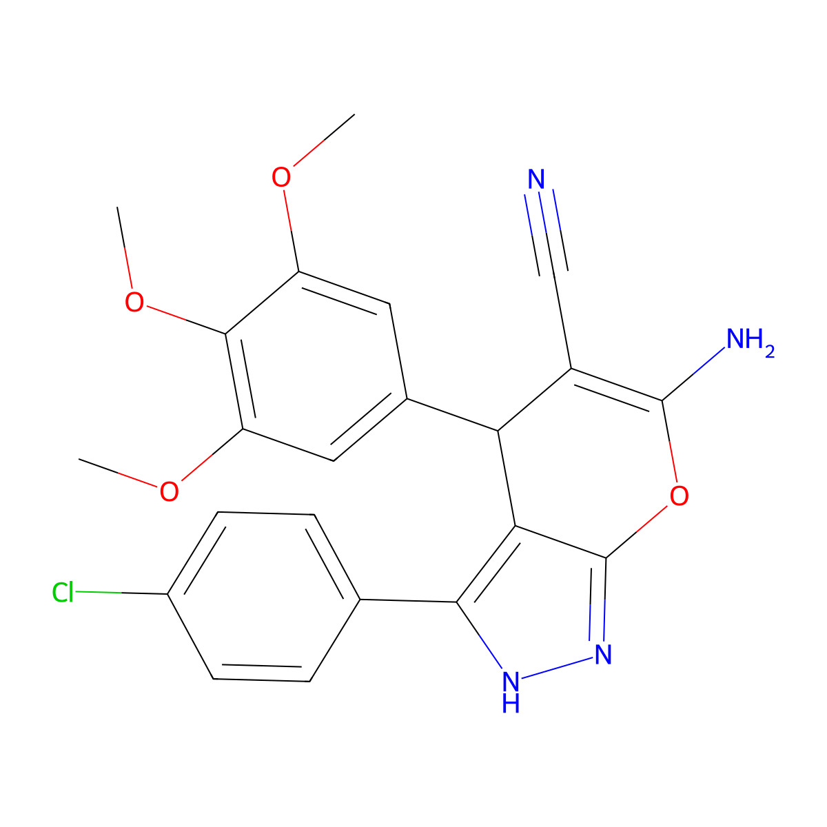 6-Amino-3-(4-chlorophenyl)-4-(3,4,5-trimethoxyphenyl)-1,4-dihydropyrano[2,3-c]pyrazole-5-carbonitrile molecular structure, CAS 667904-10-1