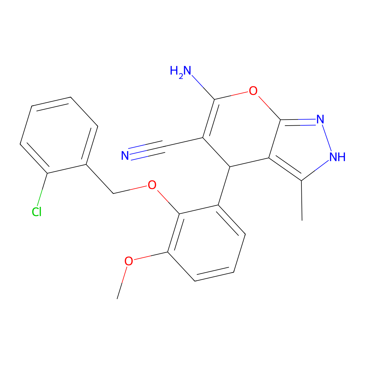 6-Amino-4-{2-[(2-chlorobenzyl)oxy]-3-methoxyphenyl}-3-methyl-1,4-dihydropyrano[2,3-c]pyrazole-5-carbonitrile molecular structure, CAS 667904-20-3