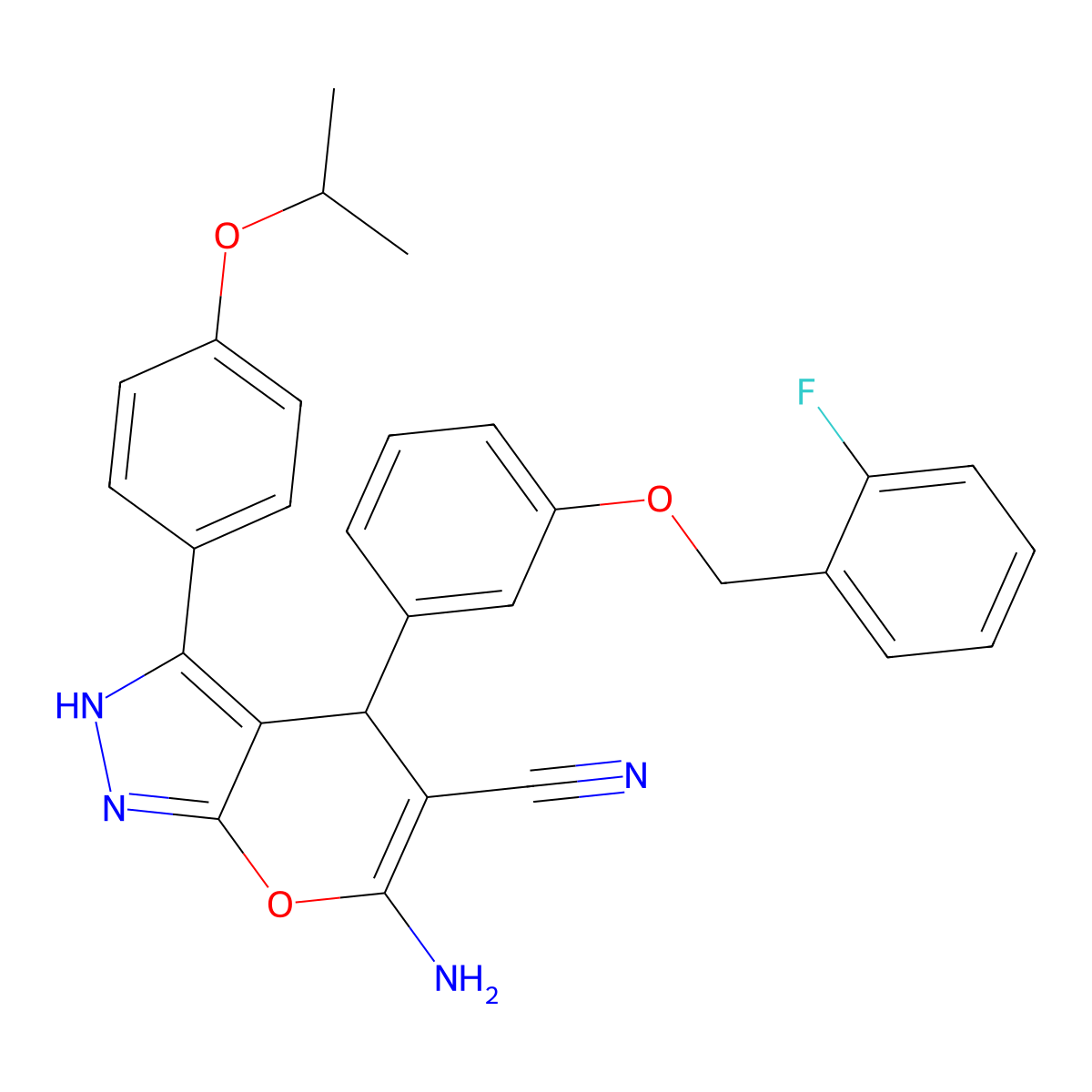 6-Amino-4-[3-[(2-fluorophenyl)methoxy]phenyl]-3-(4-propan-2-yloxyphenyl)-2,4-dihydropyrano[2,3-c]pyrazole-5-carbonitrile molecular structure, CAS 667904-24-7