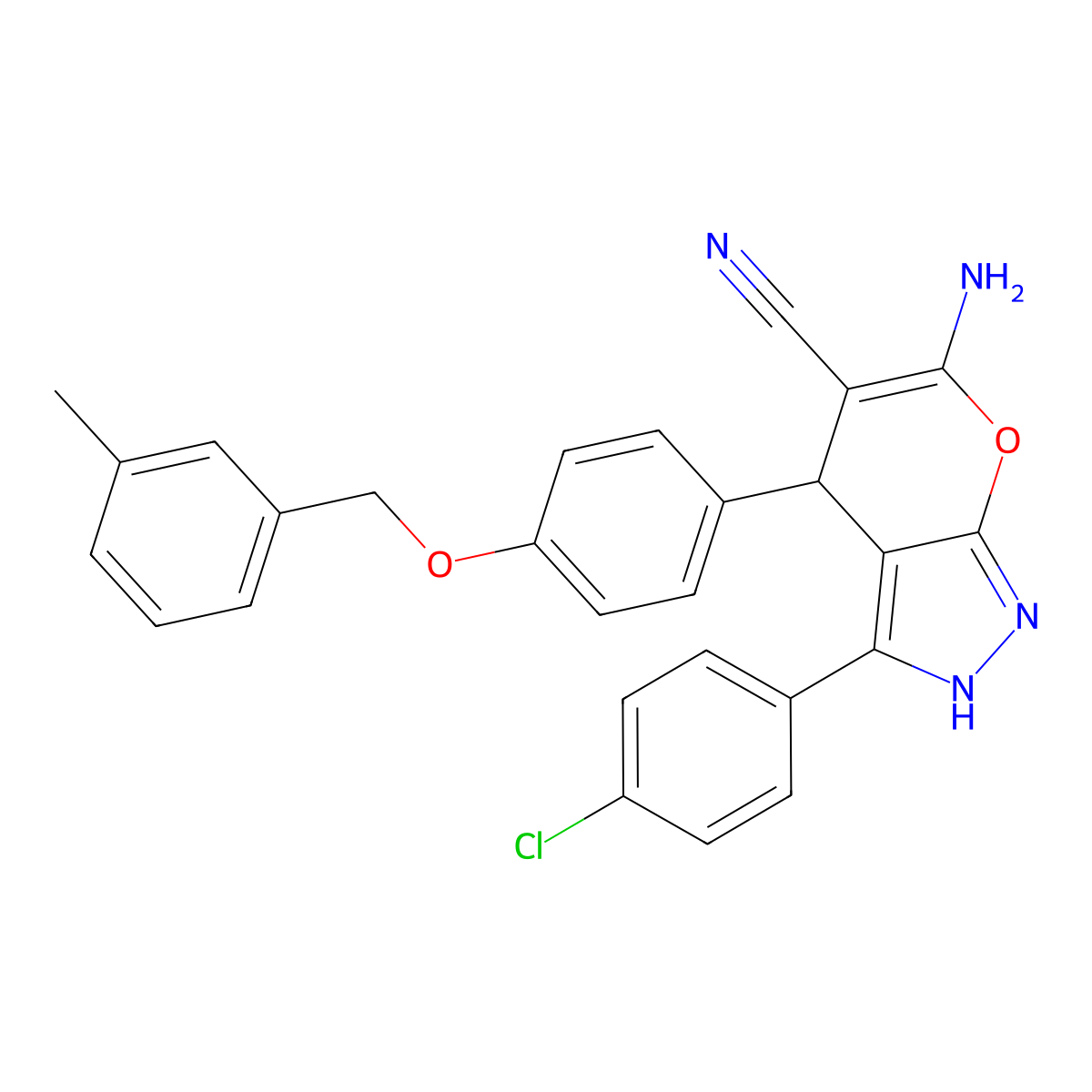 6-Amino-3-(4-chlorophenyl)-4-[4-[(3-methylphenyl)methoxy]phenyl]-2,4-dihydropyrano[2,3-c]pyrazole-5-carbonitrile molecular structure, CAS 667904-26-9