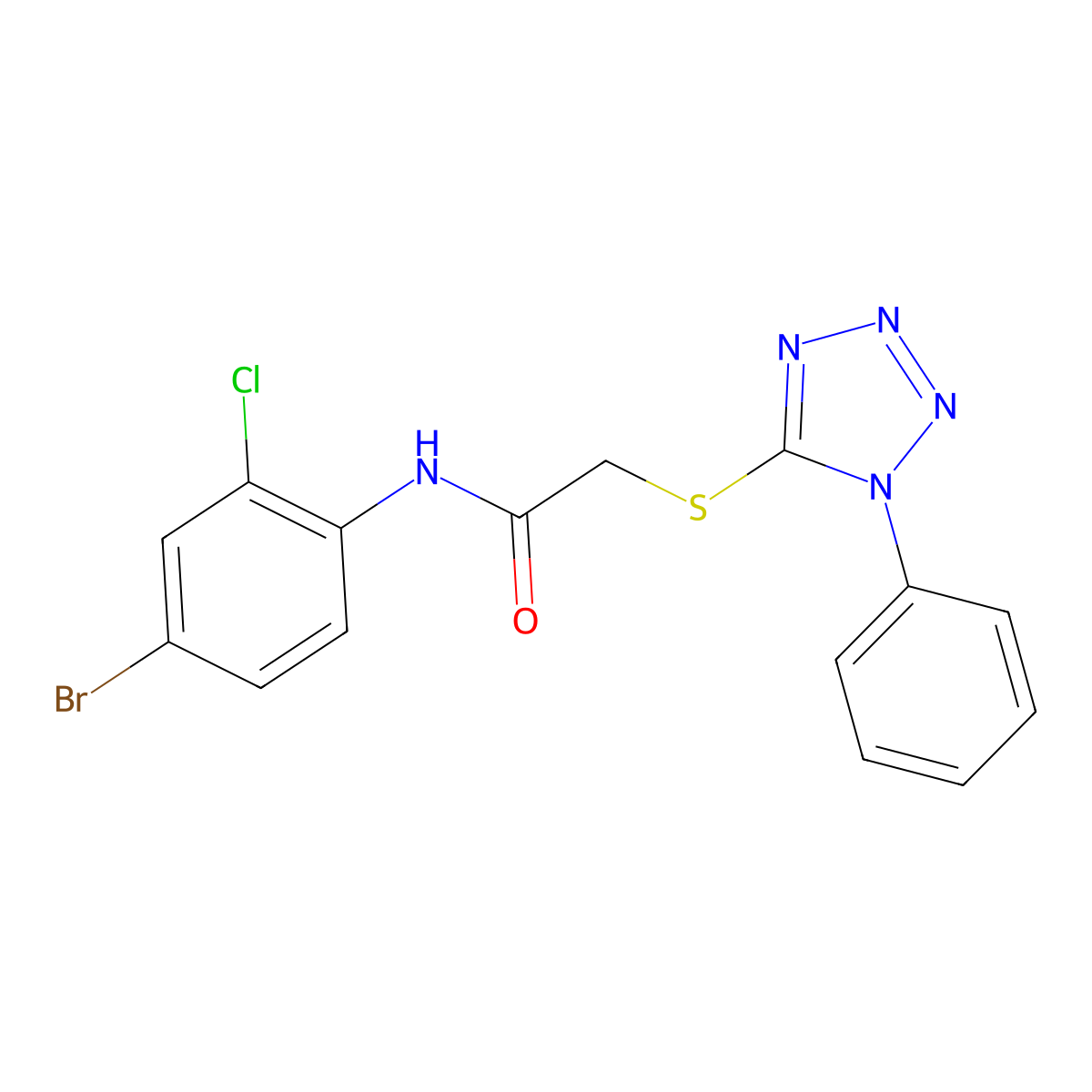N-(4-bromo-2-chlorophenyl)-2-(1-phenyltetrazol-5-yl)sulfanylacetamide molecular structure, CAS 667908-38-5