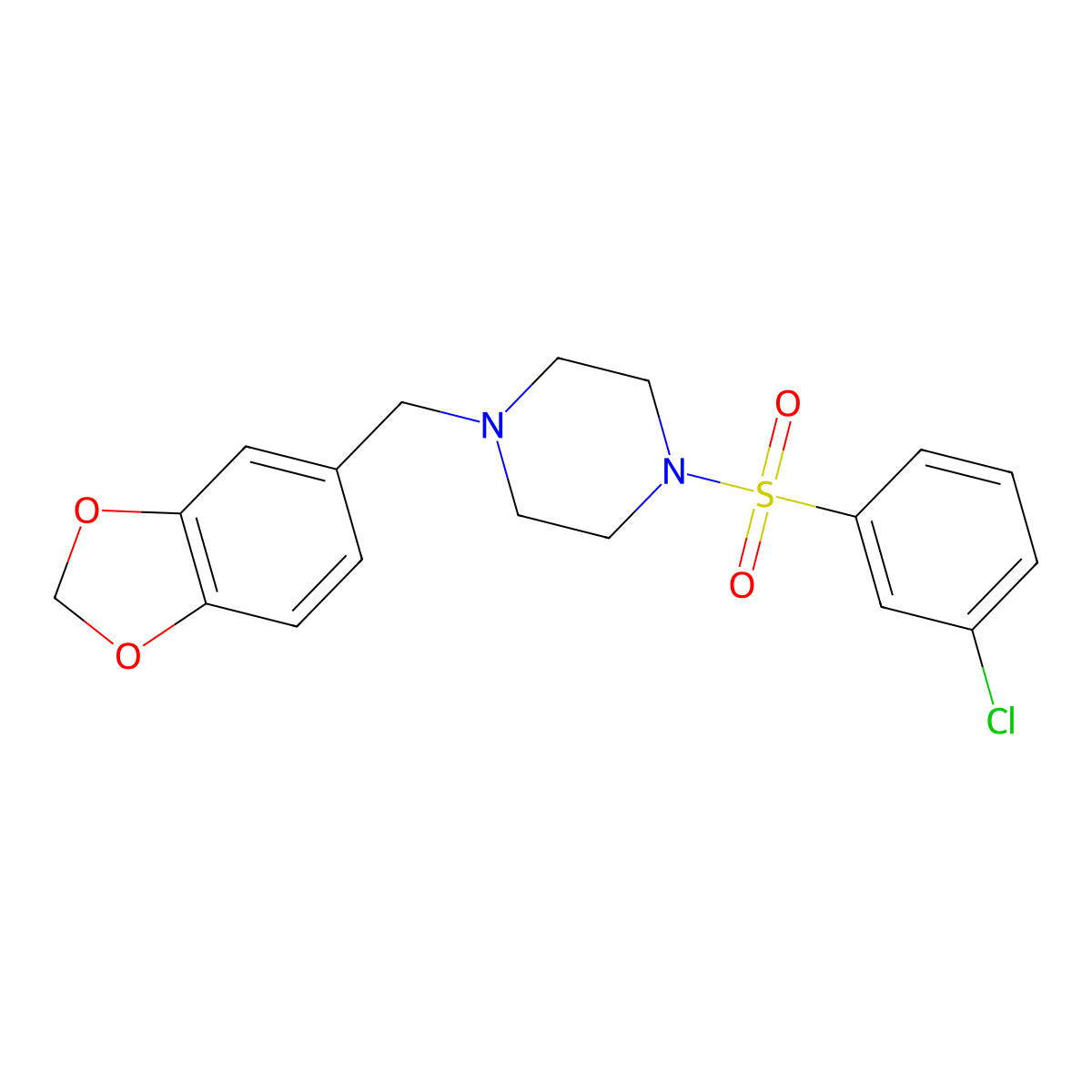 1-(1,3-Benzodioxol-5-ylmethyl)-4-[(3-chlorophenyl)sulfonyl]piperazine molecular structure, CAS 667912-17-6