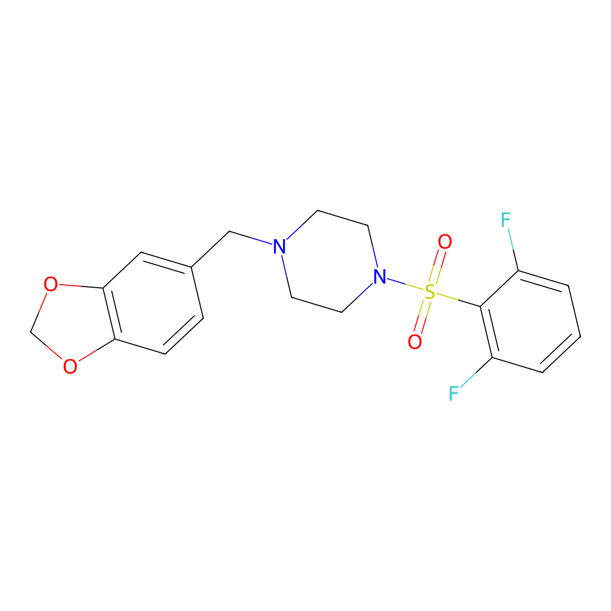 1-(1,3-Benzodioxol-5-ylmethyl)-4-(2,6-difluorophenyl)sulfonylpiperazine molecular structure, CAS 667912-19-8