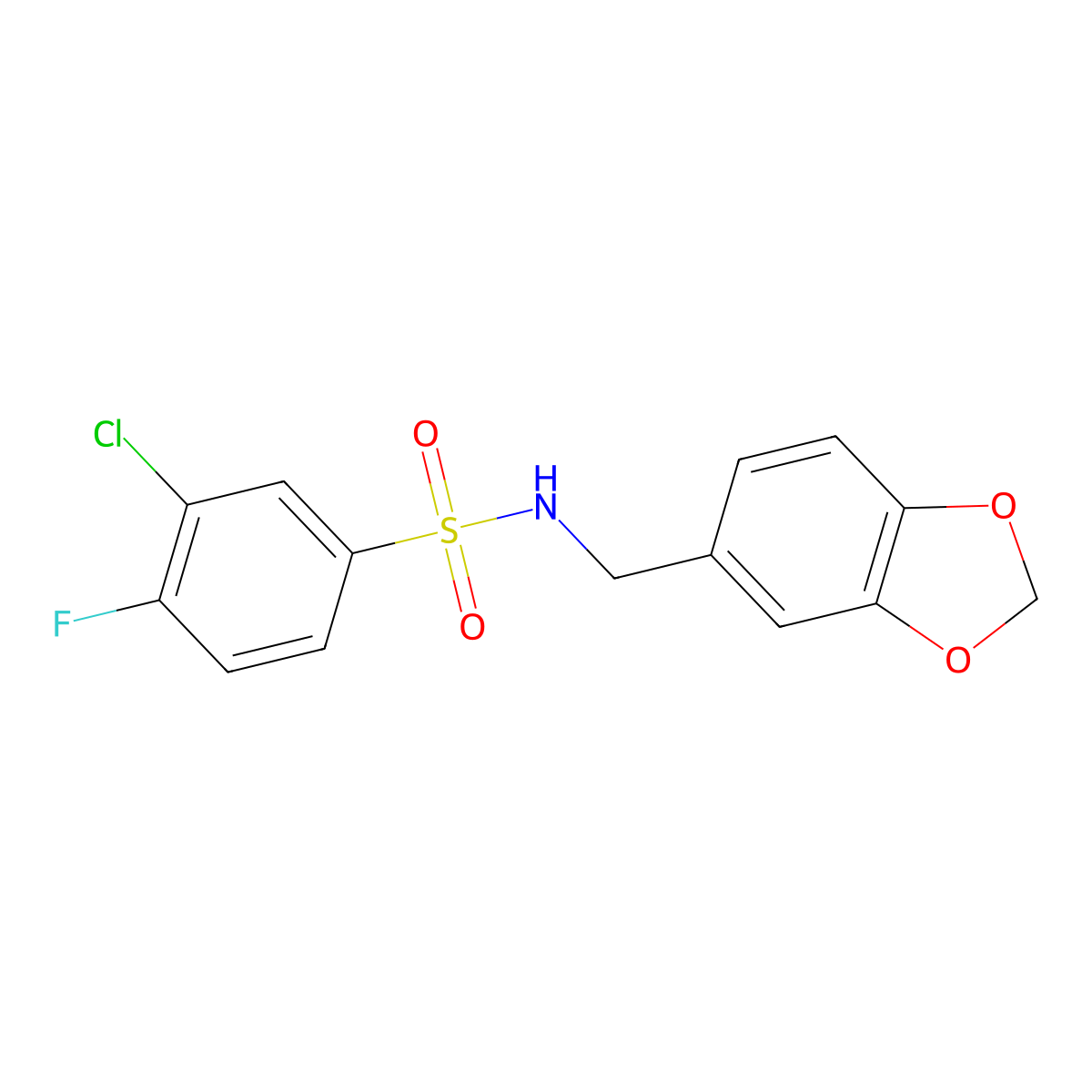 N-(1,3-benzodioxol-5-ylmethyl)-3-chloro-4-fluorobenzenesulfonamide molecular structure, CAS 667912-54-1