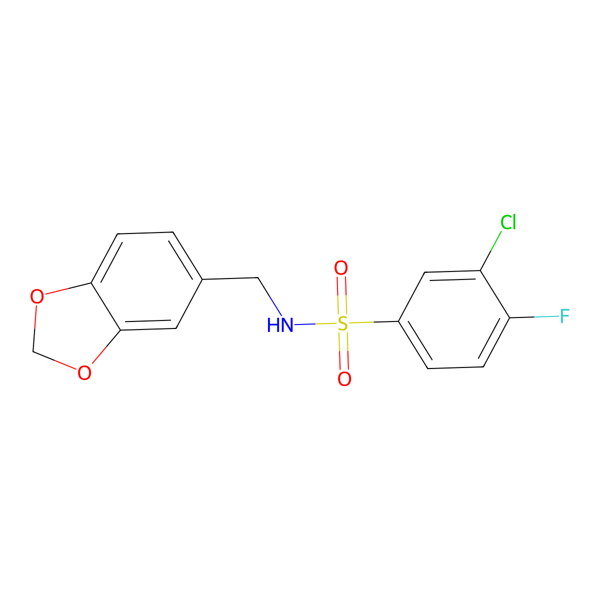 N-(1,3-benzodioxol-5-ylmethyl)-3-chloro-4-fluorobenzenesulfonamide molecular structure, CAS 667912-54-1