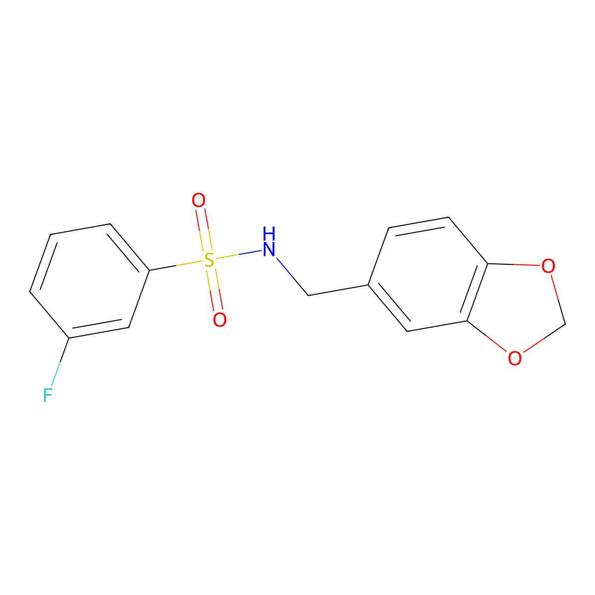 N-(1,3-benzodioxol-5-ylmethyl)-3-fluorobenzenesulfonamide molecular structure, CAS 667912-55-2