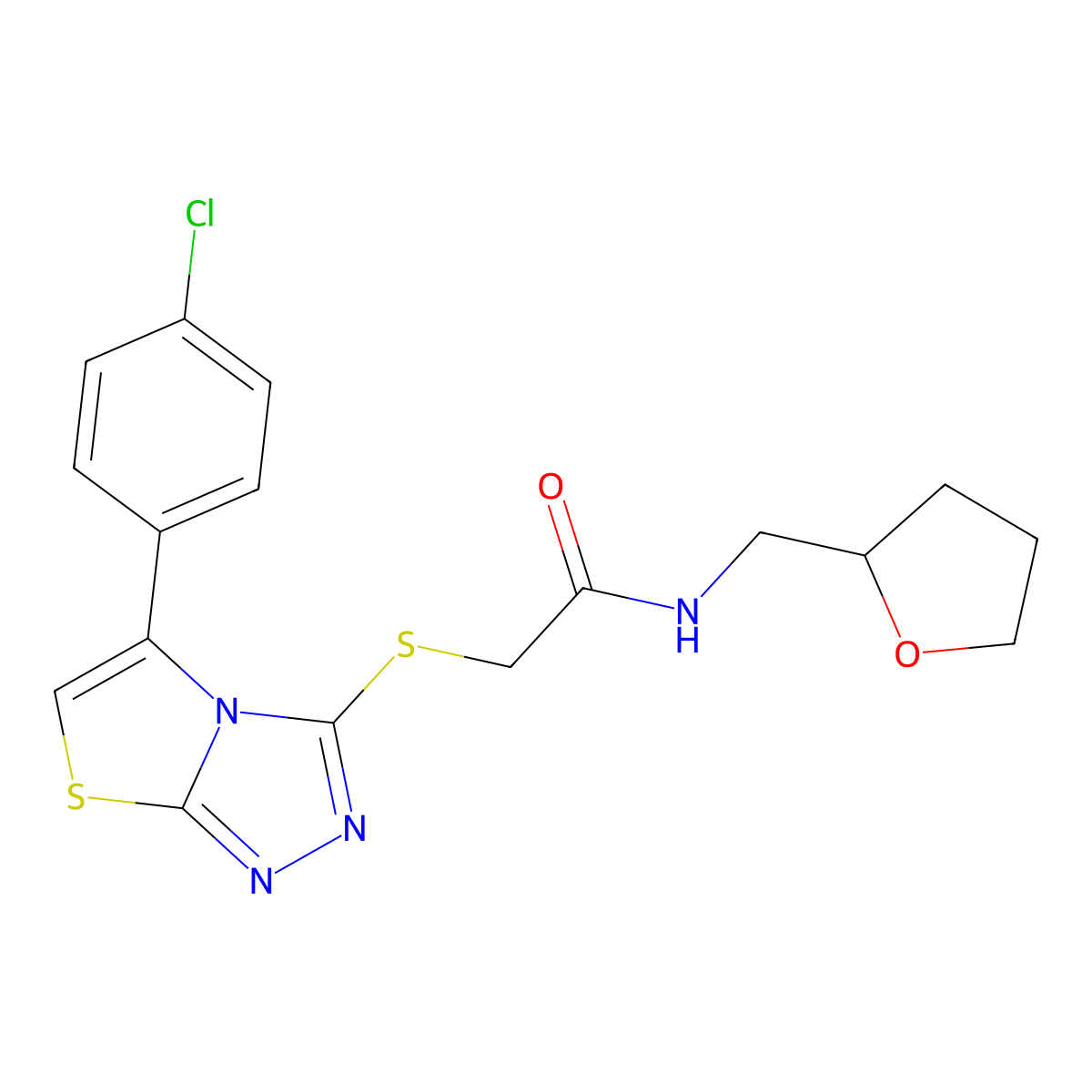 2-((5-(4-chlorophenyl)thiazolo[2,3-c][1,2,4]triazol-3-yl)thio)-N-((tetrahydrofuran-2-yl)methyl)acetamide molecular structure, CAS 667912-73-4