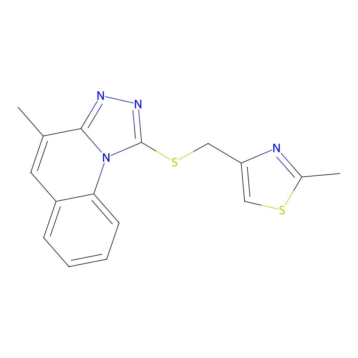2-Methyl-4-(((4-methyl-[1,2,4]triazolo[4,3-a]quinolin-1-yl)thio)methyl)thiazole molecular structure, CAS 667912-77-8