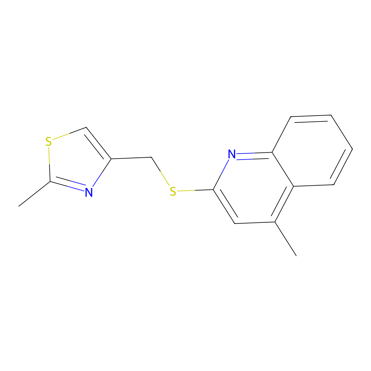 2-Methyl-4-(((4-methylquinolin-2-yl)thio)methyl)thiazole molecular structure, CAS 667912-85-8