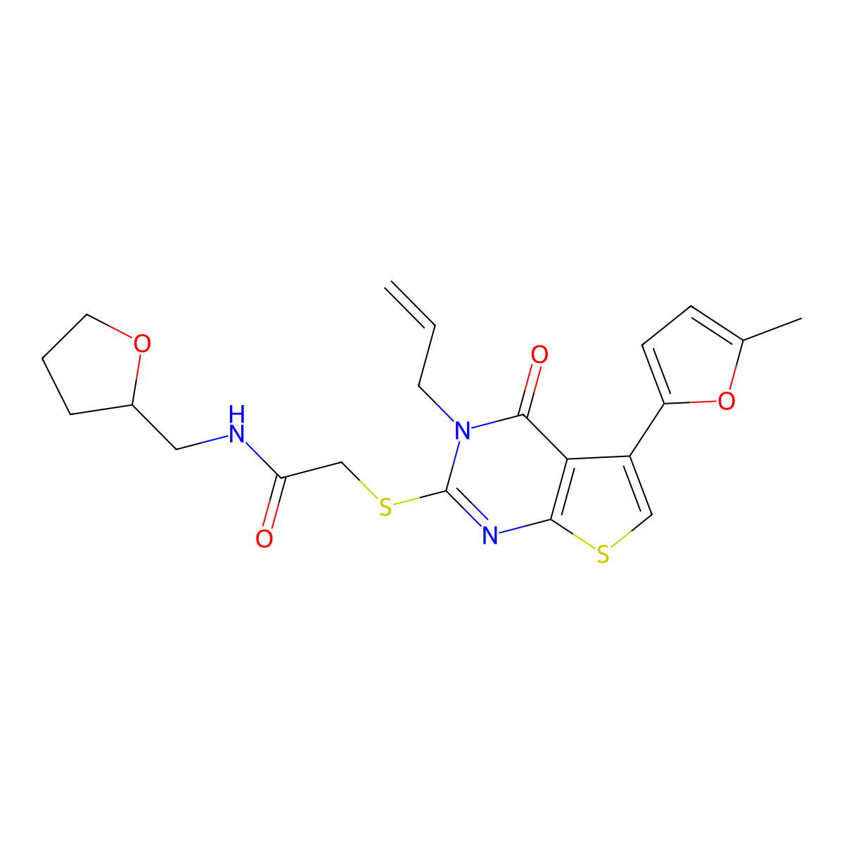 2-[5-(5-methylfuran-2-yl)-4-oxo-3-prop-2-enylthieno[2,3-d]pyrimidin-2-yl]sulfanyl-N-(oxolan-2-ylmethyl)acetamide molecular structure, CAS 667912-89-2