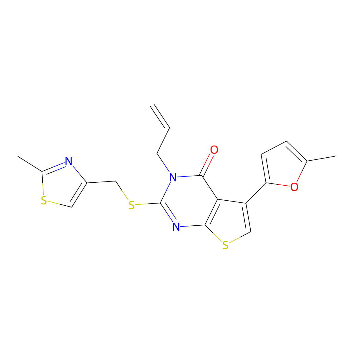 5-(5-Methylfuran-2-yl)-2-[(2-methyl-1,3-thiazol-4-yl)methylsulfanyl]-3-prop-2-enylthieno[2,3-d]pyrimidin-4-one molecular structure, CAS 667912-91-6