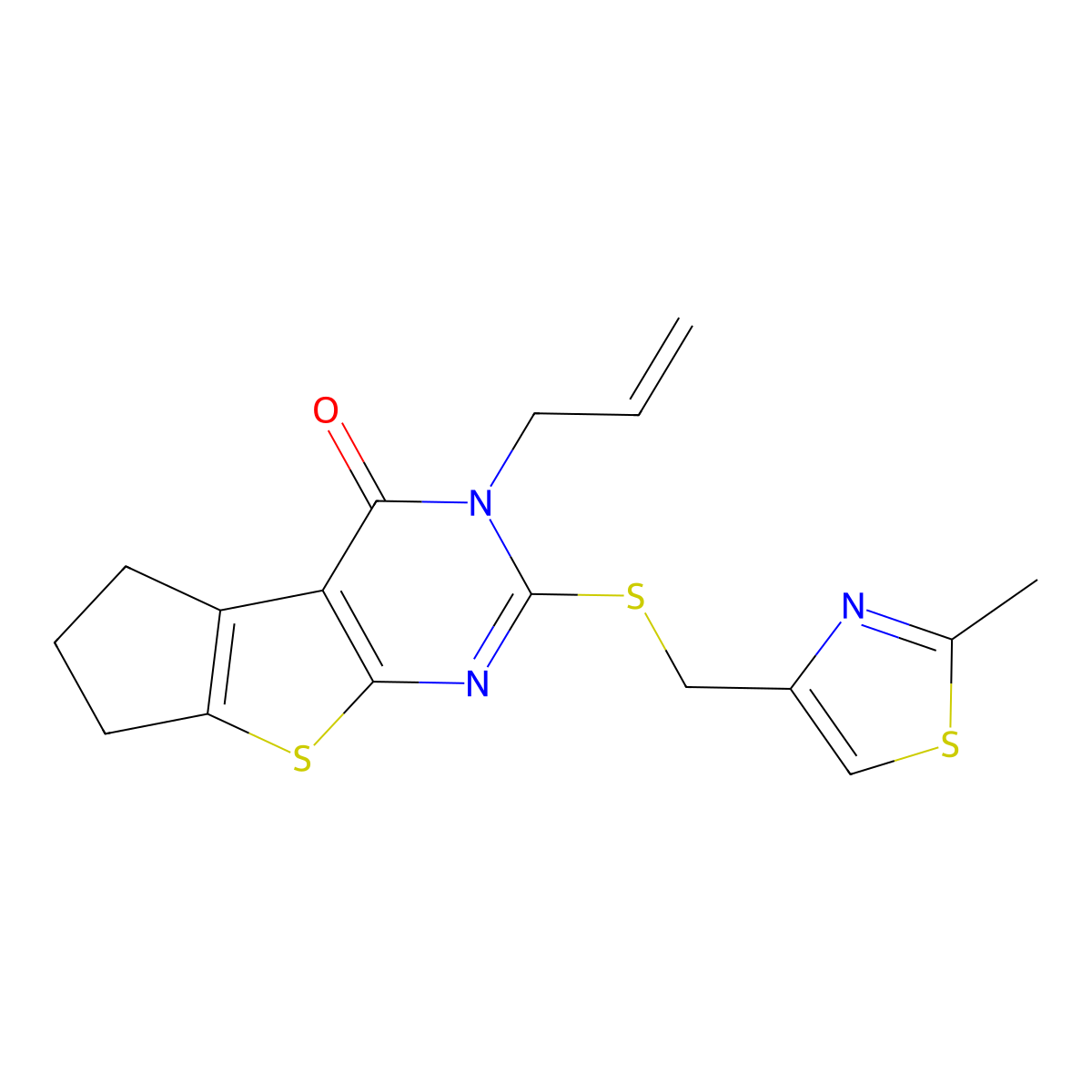 3-allyl-2-(((2-methylthiazol-4-yl)methyl)thio)-6,7-dihydro-3H-cyclopenta[4,5]thieno[2,3-d]pyrimidin-4(5H)-one molecular structure, CAS 667912-93-8