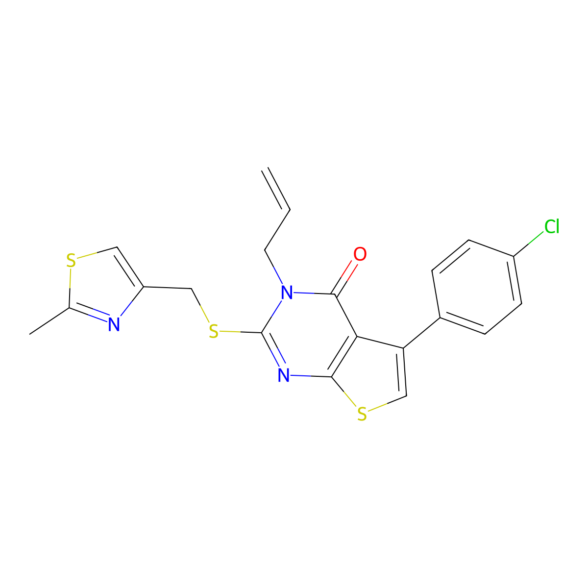 3-allyl-5-(4-chlorophenyl)-2-(((2-methylthiazol-4-yl)methyl)thio)thieno[2,3-d]pyrimidin-4(3H)-one molecular structure, CAS 667912-95-0