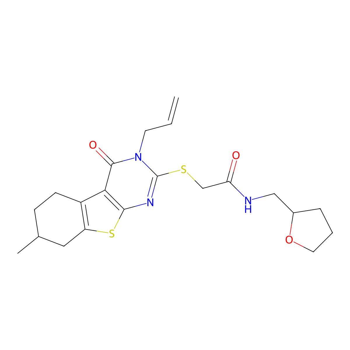 2-[(7-methyl-4-oxo-3-prop-2-enyl-5,6,7,8-tetrahydro-[1]benzothiolo[2,3-d]pyrimidin-2-yl)sulfanyl]-N-(oxolan-2-ylmethyl)acetamide molecular structure, CAS 667912-96-1