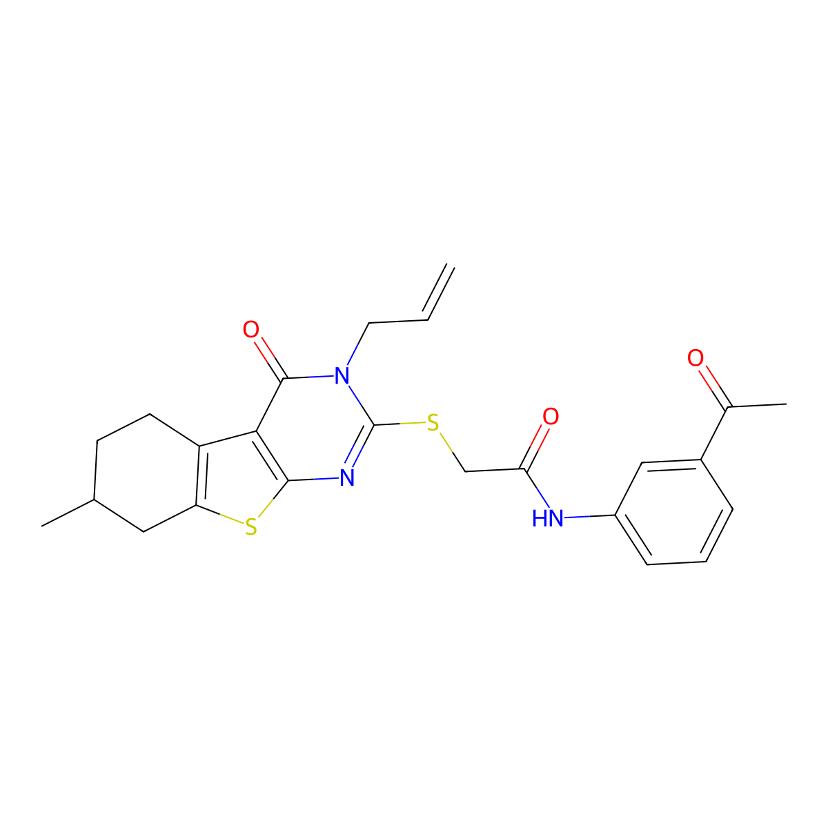 N-(3-acetylphenyl)-2-[(7-methyl-4-oxo-3-prop-2-enyl-5,6,7,8-tetrahydro-[1]benzothiolo[2,3-d]pyrimidin-2-yl)sulfanyl]acetamide molecular structure, CAS 667912-97-2