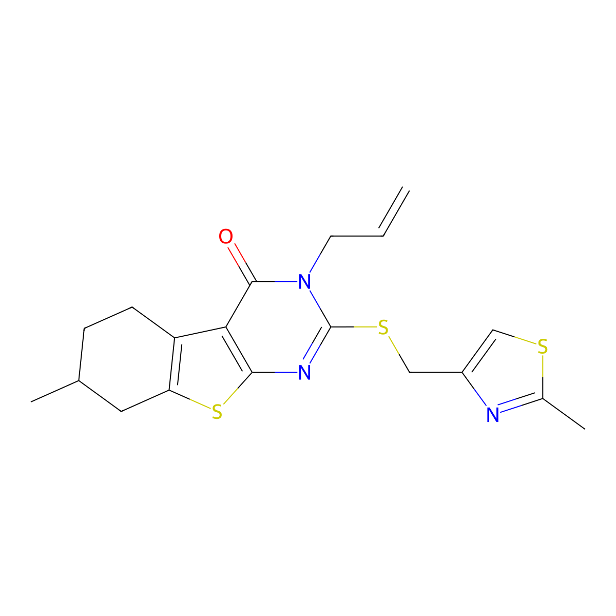7-Methyl-2-[(2-methyl-1,3-thiazol-4-yl)methylsulfanyl]-3-prop-2-enyl-5,6,7,8-tetrahydro-[1]benzothiolo[2,3-d]pyrimidin-4-one molecular structure, CAS 667912-98-3