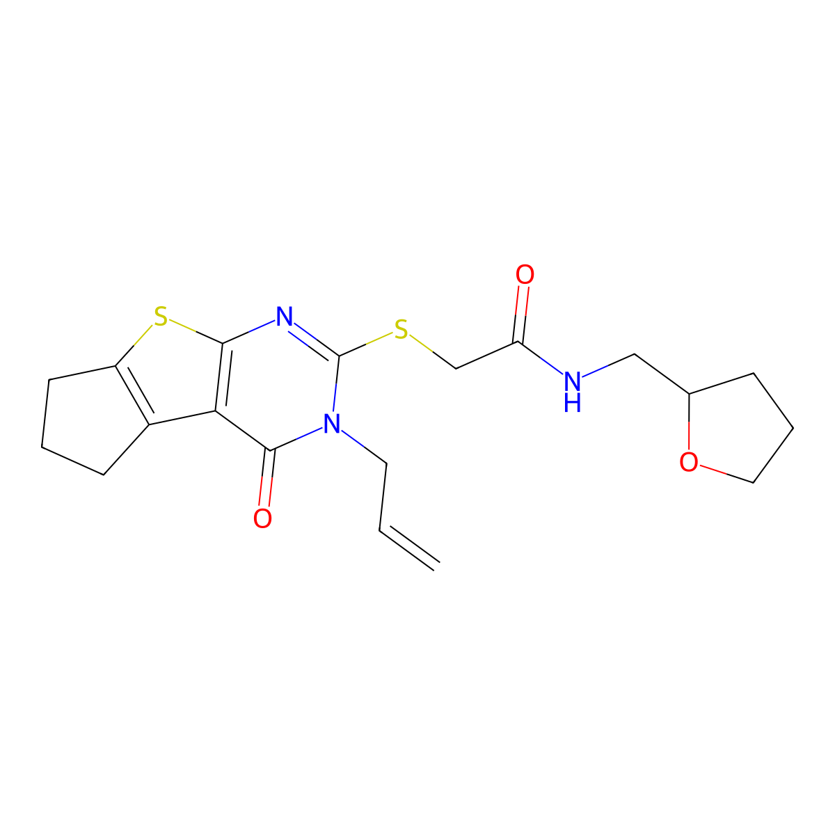 N-(oxolan-2-ylmethyl)-2-[(1-oxo-2-prop-2-enyl-7,8-dihydro-6H-cyclopenta[2,3]thieno[2,4-b]pyrimidin-3-yl)sulfanyl]acetamide molecular structure, CAS 667912-99-4