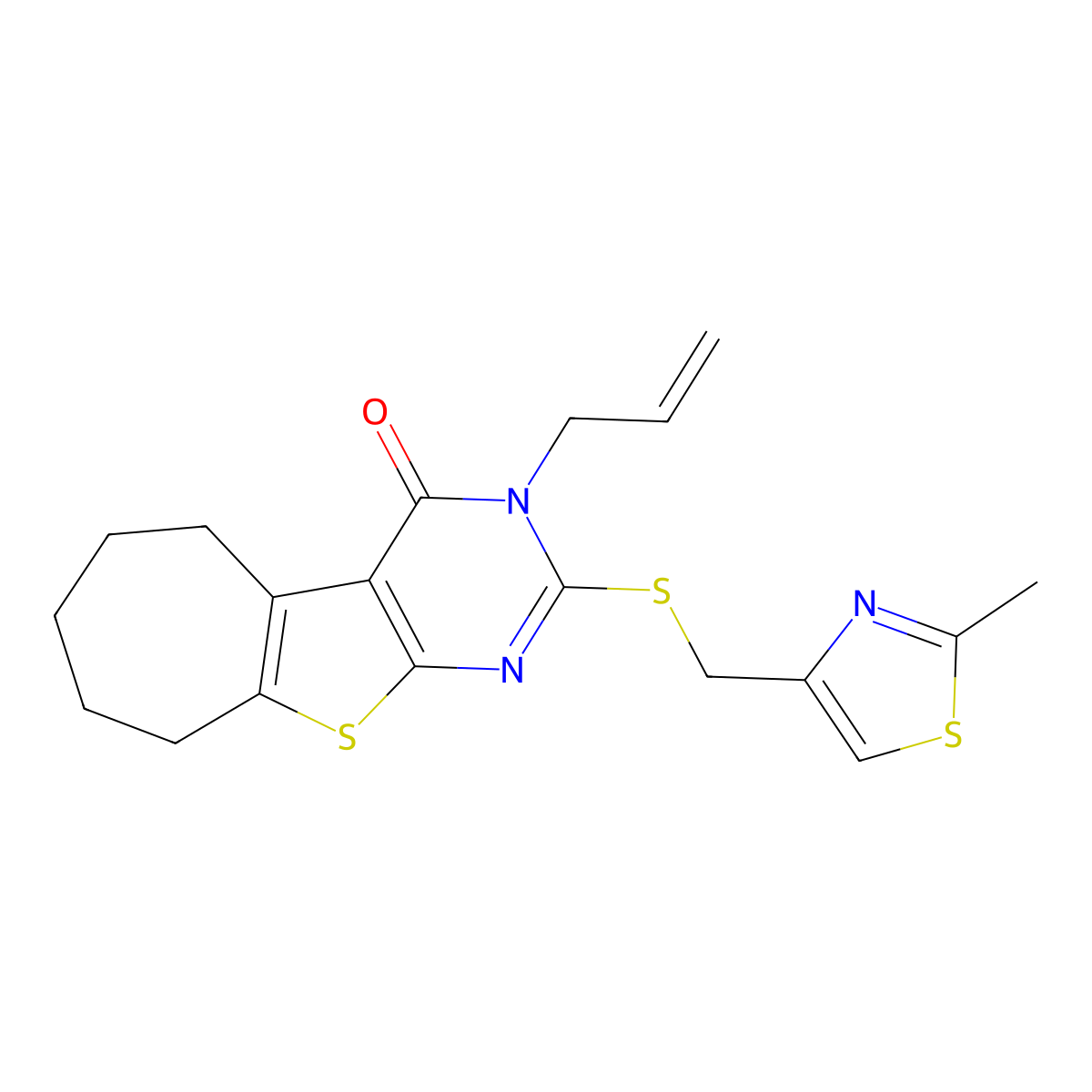 3-allyl-2-(((2-methylthiazol-4-yl)methyl)thio)-6,7,8,9-tetrahydro-3H-cyclohepta[4,5]thieno[2,3-d]pyrimidin-4(5H)-one molecular structure, CAS 667913-02-2