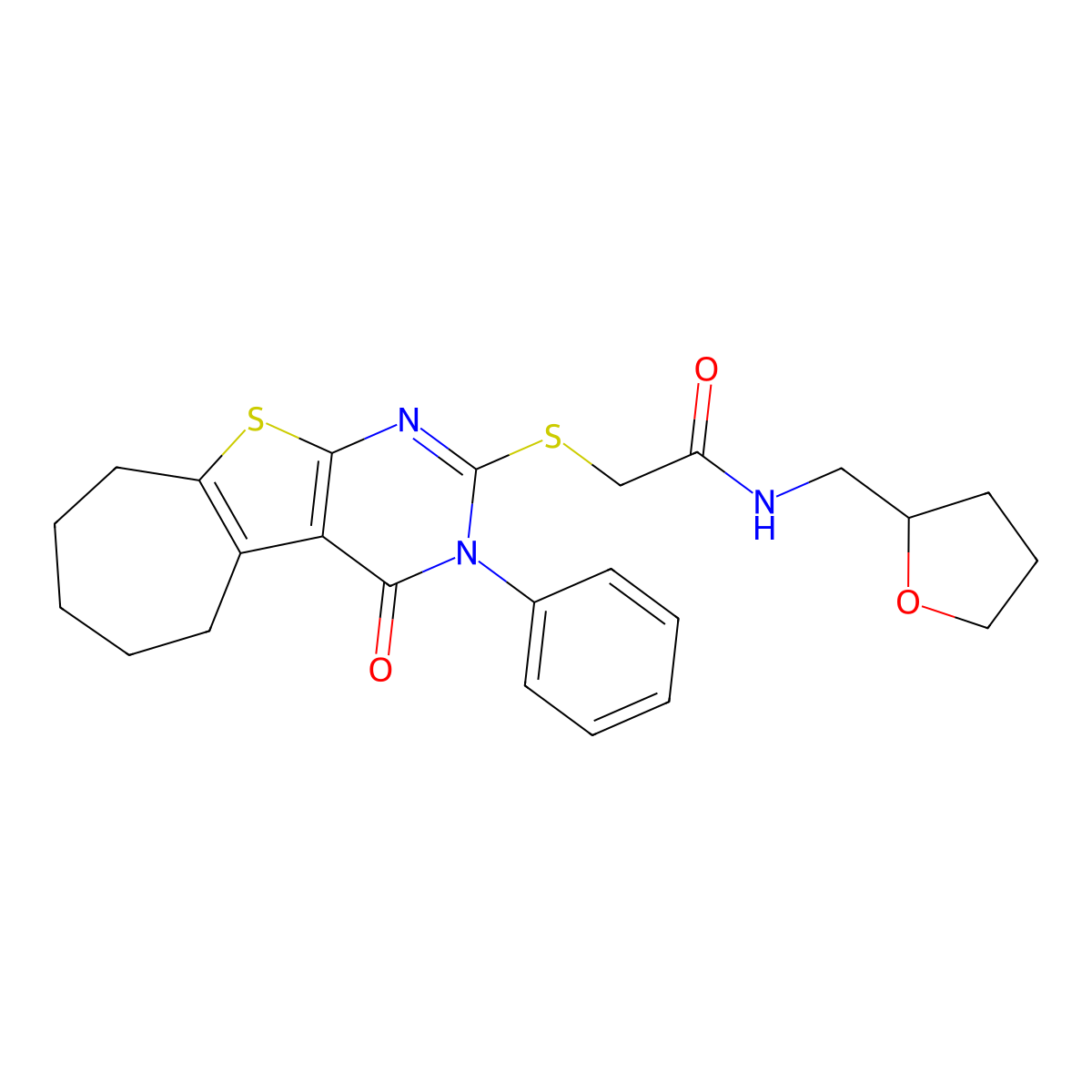 2-[(4-oxo-3-phenyl-3,5,6,7,8,9-hexahydro-4H-cyclohepta[4,5]thieno[2,3-d]pyrimidin-2-yl)sulfanyl]-N-(tetrahydro-2-furanylmethyl)acetamide molecular structure, CAS 667913-05-5