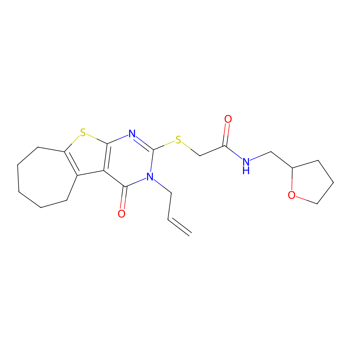 2-{[3-oxo-4-(prop-2-en-1-yl)-8-thia-4,6-diazatricyclo[7.5.0.0^{2,7}]tetradeca-1(9),2(7),5-trien-5-yl]sulfanyl}-N-[(oxolan-2-yl)methyl]acetamide molecular structure, CAS 667913-06-6