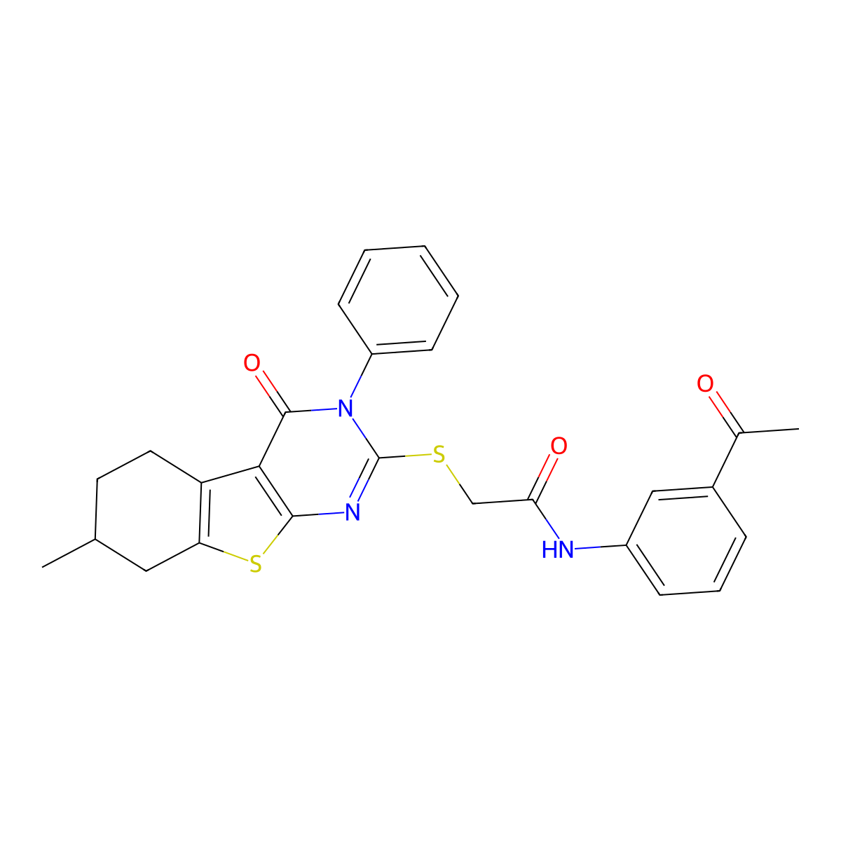 N-(3-acetylphenyl)-2-[(7-methyl-4-oxo-3-phenyl-5,6,7,8-tetrahydro-[1]benzothiolo[2,3-d]pyrimidin-2-yl)sulfanyl]acetamide molecular structure, CAS 667913-08-8