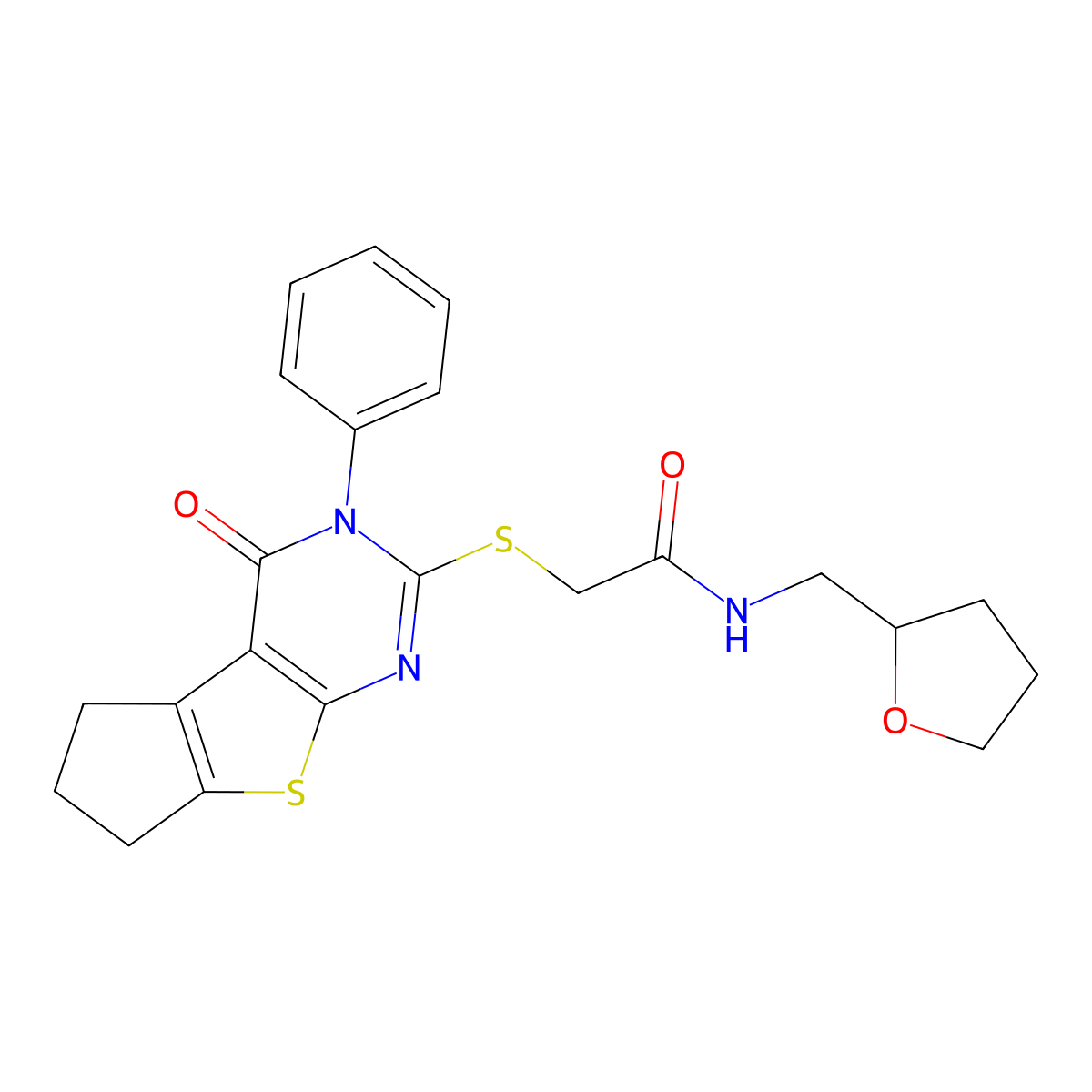 2-((4-oxo-3-phenyl-4,5,6,7-tetrahydro-3H-cyclopenta[4,5]thieno[2,3-d]pyrimidin-2-yl)thio)-N-((tetrahydrofuran-2-yl)methyl)acetamide molecular structure, CAS 667913-09-9