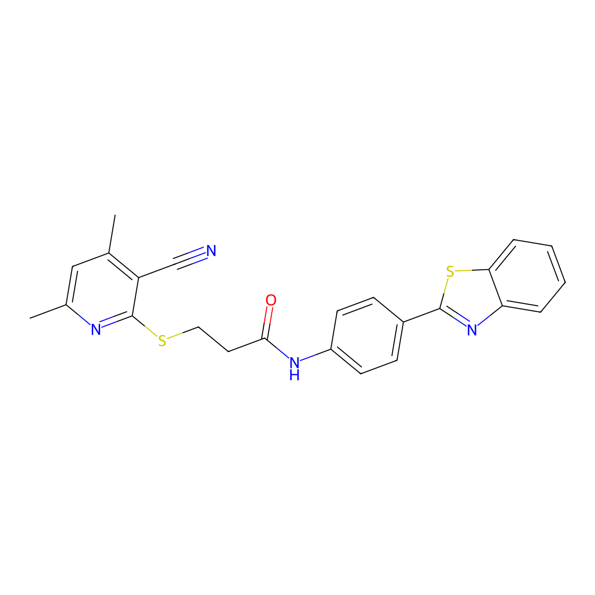 N-(4-(benzo[d]thiazol-2-yl)phenyl)-3-((3-cyano-4,6-dimethylpyridin-2-yl)thio)propanamide molecular structure, CAS 667913-11-3