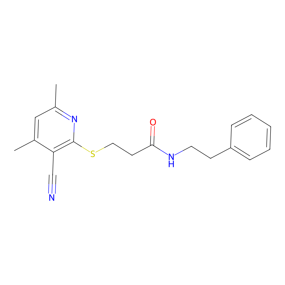 3-((3-cyano-4,6-dimethylpyridin-2-yl)thio)-N-phenethylpropanamide molecular structure, CAS 667913-13-5