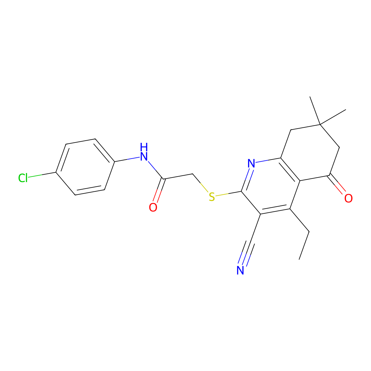 N-(4-chlorophenyl)-2-[(3-cyano-4-ethyl-7,7-dimethyl-5-oxo-6,8-dihydroquinolin-2-yl)sulfanyl]acetamide molecular structure, CAS 667913-14-6