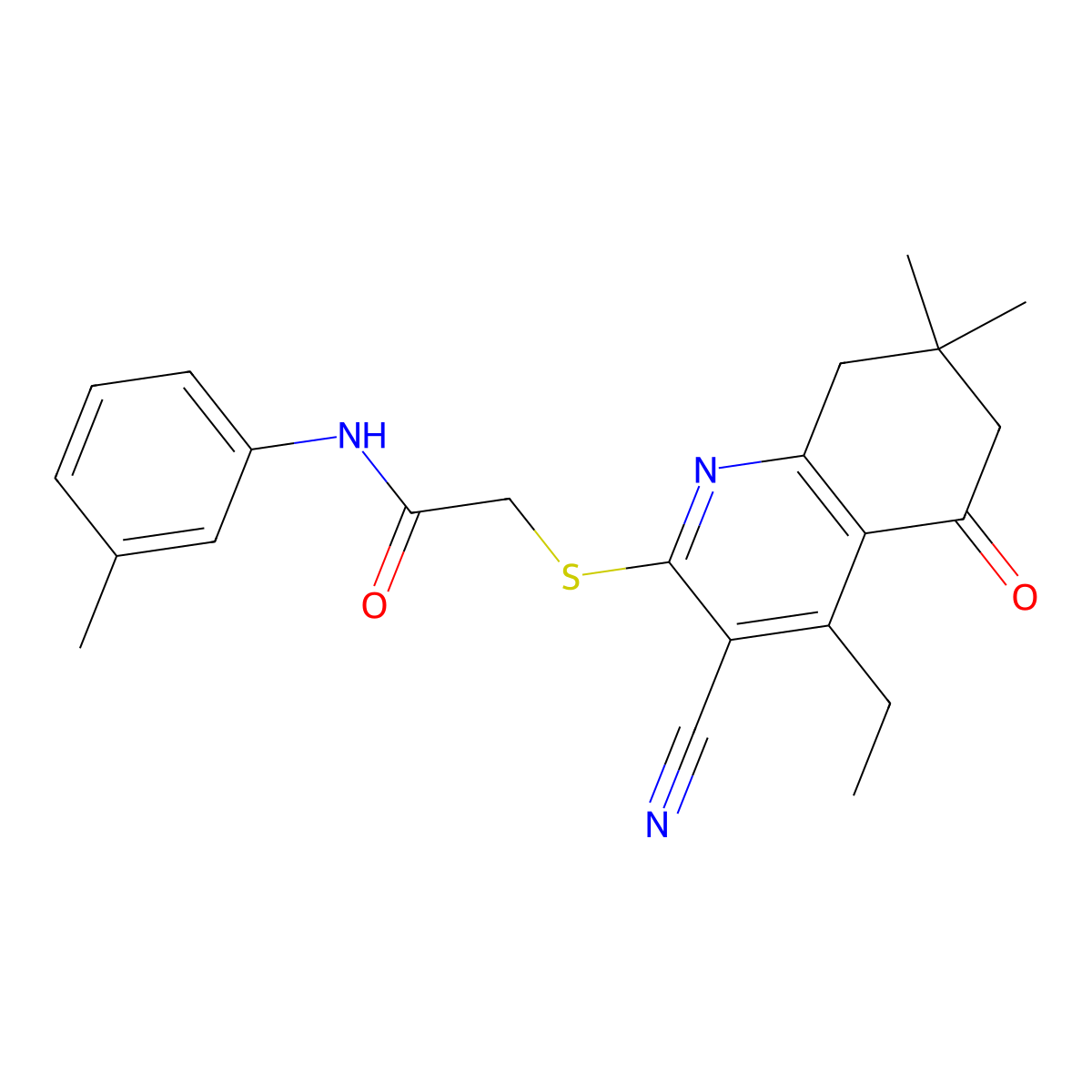 2-[(3-cyano-4-ethyl-7,7-dimethyl-5-oxo-6,8-dihydroquinolin-2-yl)sulfanyl]-N-(3-methylphenyl)acetamide molecular structure, CAS 667913-16-8