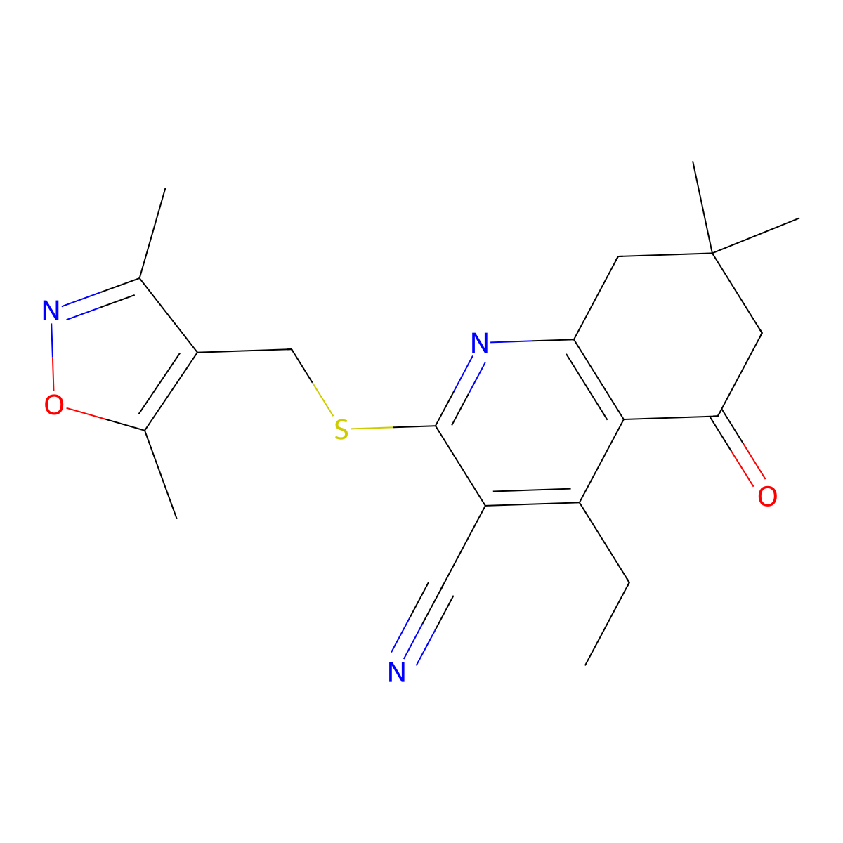 2-[(3,5-Dimethyl-1,2-oxazol-4-yl)methylsulfanyl]-4-ethyl-7,7-dimethyl-5-oxo-6,8-dihydroquinoline-3-carbonitrile molecular structure, CAS 667913-17-9