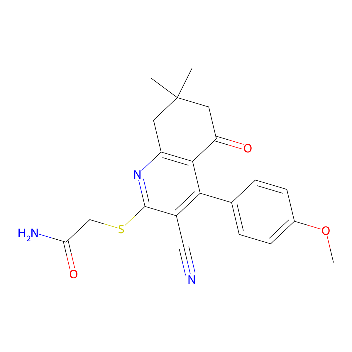 2-[[3-Cyano-4-(4-methoxyphenyl)-7,7-dimethyl-5-oxo-6,8-dihydroquinolin-2-yl]sulfanyl]acetamide molecular structure, CAS 667913-22-6