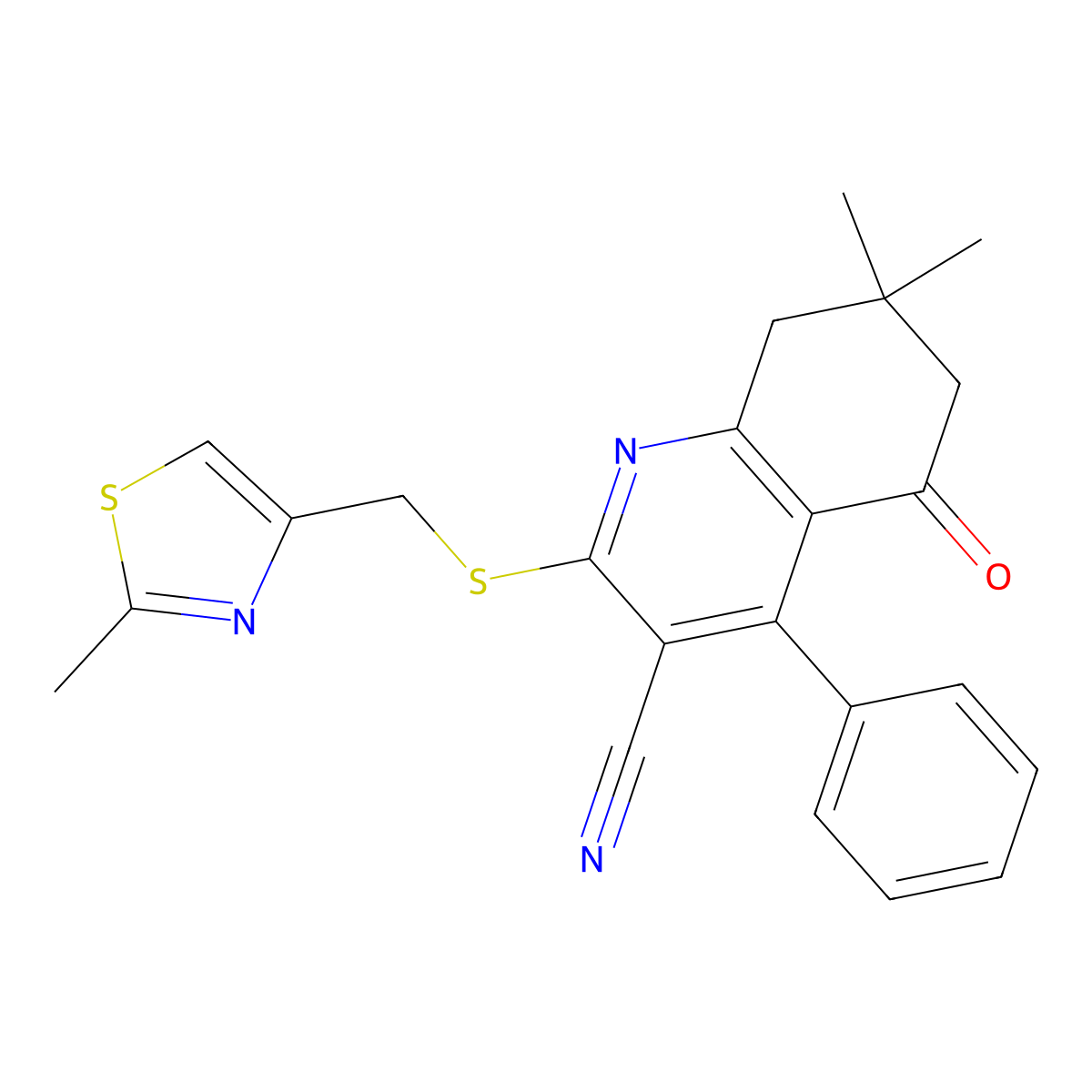 7,7-Dimethyl-2-(((2-methylthiazol-4-yl)methyl)thio)-5-oxo-4-phenyl-5,6,7,8-tetrahydroquinoline-3-carbonitrile molecular structure, CAS 667913-23-7