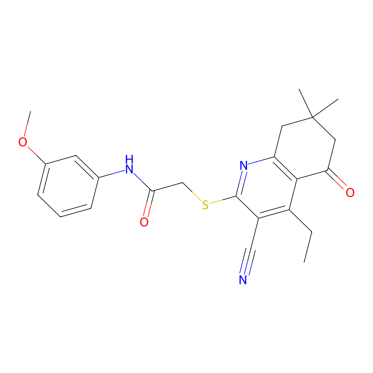 2-[(3-cyano-4-ethyl-7,7-dimethyl-5-oxo-6,8-dihydroquinolin-2-yl)sulfanyl]-N-(3-methoxyphenyl)acetamide molecular structure, CAS 667913-24-8