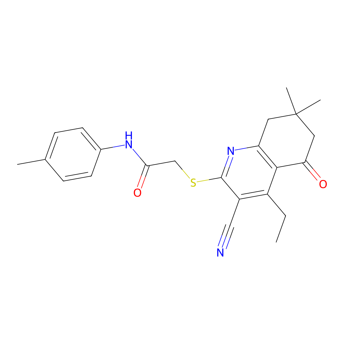 2-((3-cyano-4-ethyl-7,7-dimethyl-5-oxo-5,6,7,8-tetrahydroquinolin-2-yl)thio)-N-(p-tolyl)acetamide molecular structure, CAS 667913-25-9